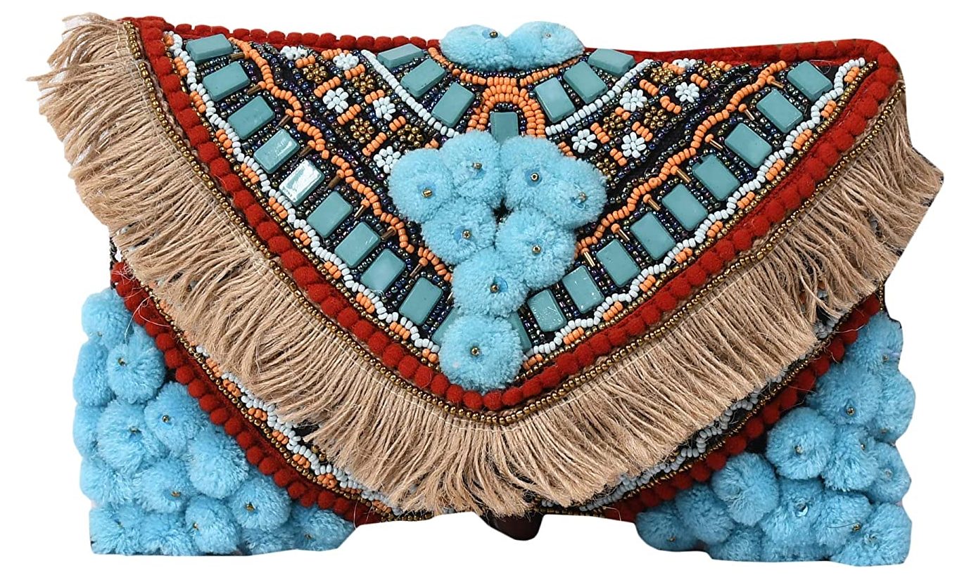 Women's Turquoise clutch with beads and Pom Pom